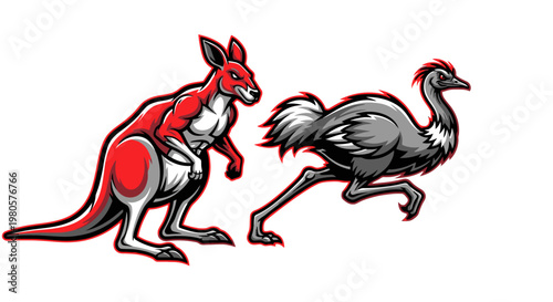 Muscular Kangaroo and Fast Emu Mascot Character Set