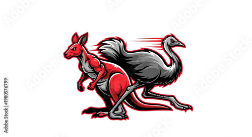 Powerful Kangaroo and Emu Mascot Running Together Fast Illustration
