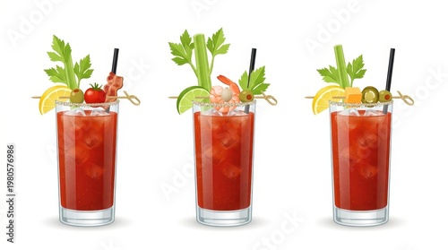 Three drinks are shown. Each drink has ice and different garnishes
