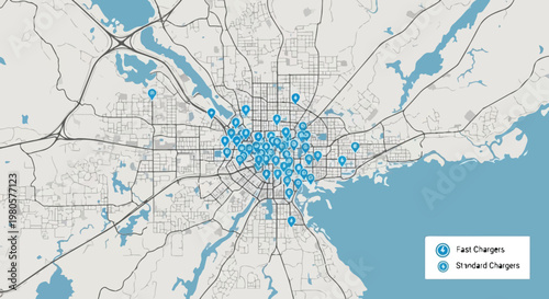Map of electric vehicle charger locations in a city with fast and standard chargers
