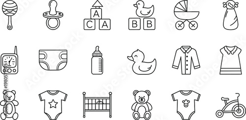 Baby essentials collection hand drawn icons representing infant care and development stages