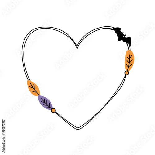 Halloween-themed heart outline with bat and autumn leaves  