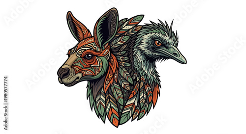 Combined Kangaroo and Emu Head Art with Patterned Feathers and Fur
