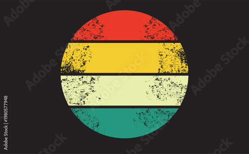 Retro sunset circle with distressed vintage texture on dark background featuring colorful horizontal stripes of red orange yellow and teal for 1970s and 1980s inspired graphic design and apparel