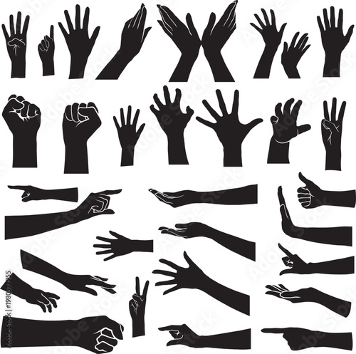 Human hand silhouettes collection showing various gestures including fist pointing waving holding and reaching for communication concepts and community interaction isolated on transparent backdrop