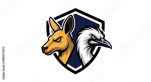 Aggressive Kangaroo and Emu Shield Mascot Logo for Sports Team