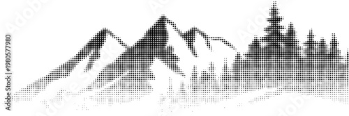 Black halftone mountain range silhouette. Grunge texture landscape terrain. Fading grainy hill chain wallpaper. Vanishing dotted noise mountain peak background. Vector scenery rock illustration