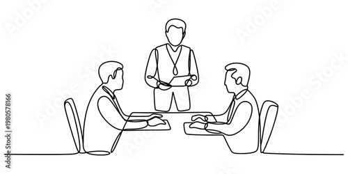 A single continuous line drawing of three professional colleagues collaborating in a meeting room Vector, illustration