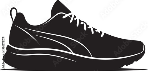 Black athletic shoe with white laces and accents sneaker