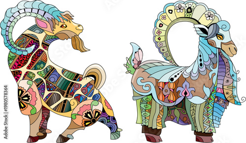 Set of decorative goats. Hand drawn decorative vector illustration