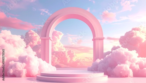 A serene pink archway stands amidst fluffy clouds at sunset