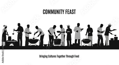 Silhouette illustration of diverse group of people cooking food together for a community feast.