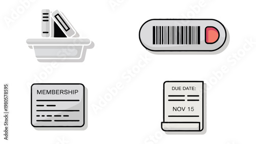 Library Elements: Minimalist vector illustrations showcase library essentials: books, a barcode, a membership card, and a due date reminder, perfect for educational or library-themed design projects.