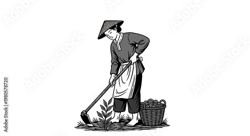 A vintage style illustration of an Asian farmer working in a field.