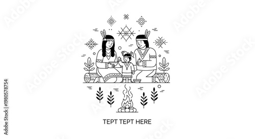Native American family sitting by a campfire illustration.