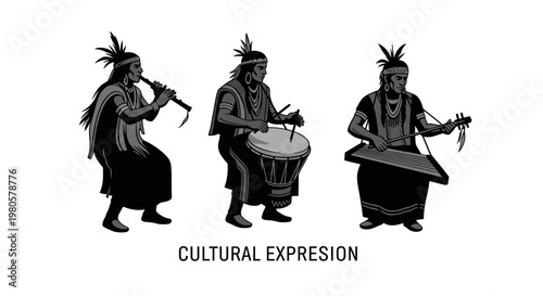 Indigenous People Playing Traditional Musical Instruments Vector Illustration.