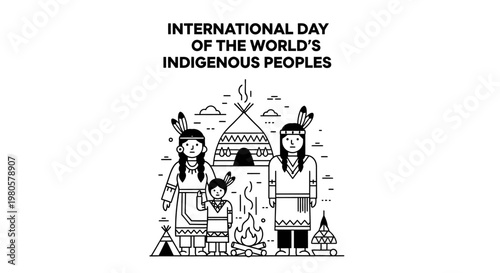 International Day of the Worlds Indigenous Peoples line art illustration.