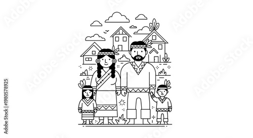 Coloring Page Featuring a Traditional Indigenous Family Standing Together.
