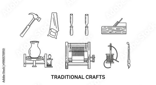 Set of traditional craftsmanship tools and equipment line art illustrations.
