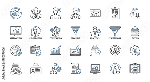 Modern collection of business analysis, communication, and performance management outline icons for digital marketing and workflow solutions, perfect for presentations and web interfaces