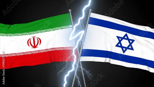 Escalating Geopolitical Tensions and Confrontation Visually Represented by Lightning Striking Between Iranian and Israeli Flags, Symbolizing Conflict and Disagreement