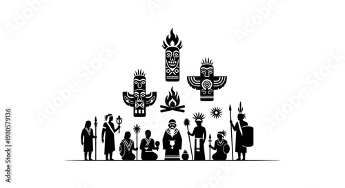 Indigenous People and Totem Pole Symbols Illustration.
