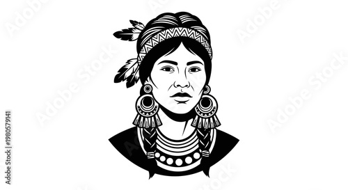 Black and white line art portrait of a Native American woman.