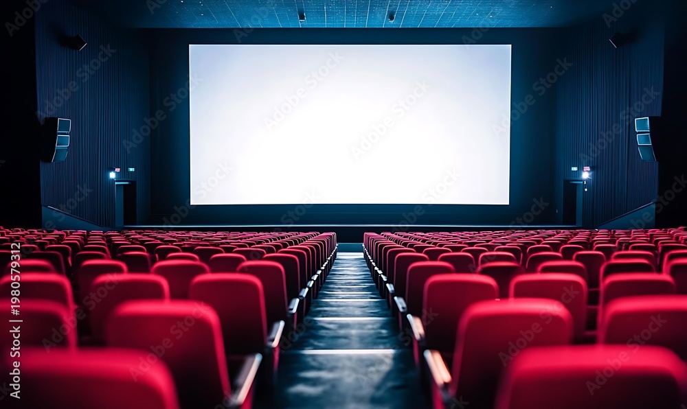 Fototapeta premium Empty Movie Theater Interior with Red Seats and Large Blank White Screen Mockup for Presentation
