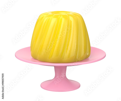 Yellow jelly dessert on pink cake stand on transparent background