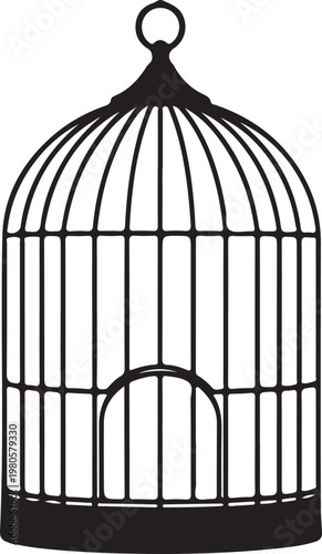 Black birdcage with open door and hanging loop metal