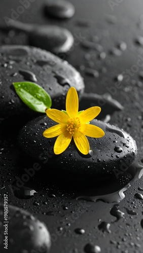 A serene scene of a yellow flower on wet black stones with water droplets