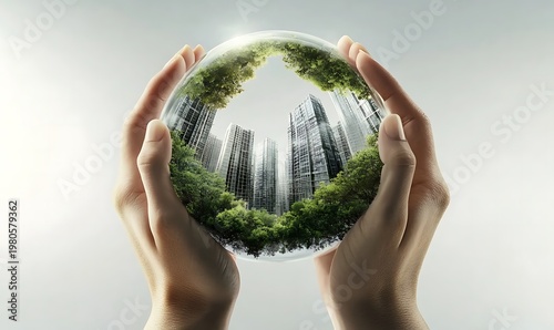 Sustainable Urban Development Concept with Human Hands Protecting Green City Environment in Glass Globe