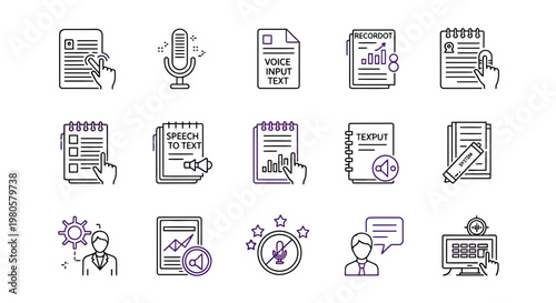 A comprehensive set of line icons depicting various aspects of document management, voice input, data analysis, and digital office tasks, ideal for modern technology and business applications