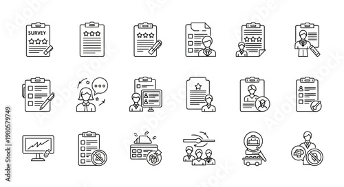Comprehensive Set of Linear Vector Icons for Survey, Feedback, Resume, and Questionnaire Concepts, Ideal for Business and Human Resources Applications