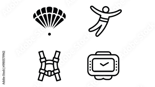 Skydive Symbols: Iconic symbols of skydiving, a parachute, a skydiver, harness, and altimeter, set against a clean backdrop, perfect for design needs.