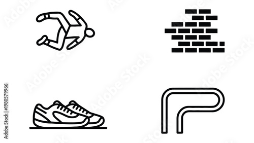 Parkour Elements Icon Set: A dynamic set of minimalist icons representing the key elements of parkour, including a silhouette of a person in motion, a wall, a pair of sneakers, and a curved rail.