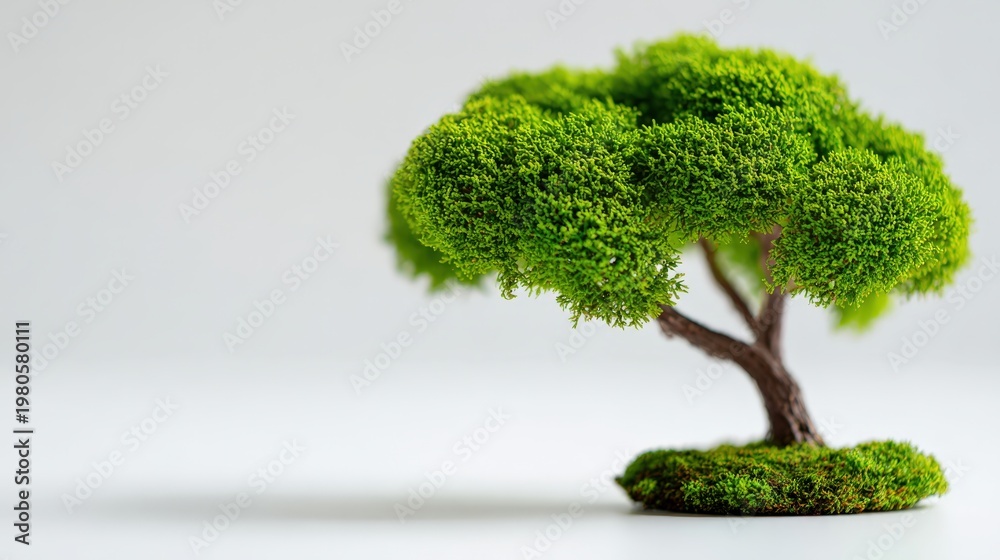 Fototapeta premium Detailed close up of a lush green model tree with textured canopy and twisted branches for decorative use