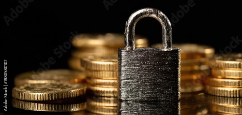 The Padlock Guarding Stacks of Gold Coins Representing Financial Security and Protection