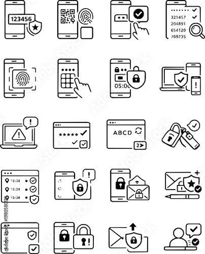 Two-Factor Authentication (2FA) Flow Icons Set – OTP, QR Login, Push Approval, Biometrics, Security Key
