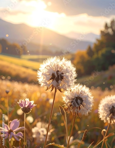 A serene landscape of dandelions in a field at sunset