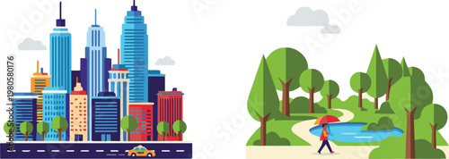 Cityscape with buildings and park landscape featuring trees and pond