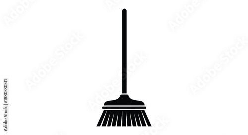 A simple black silhouette of a traditional cleaning broom with a long handle