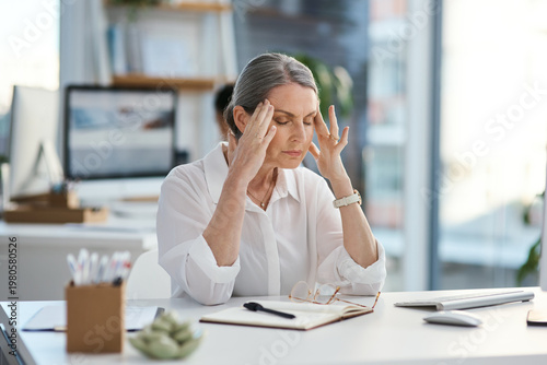 Obraz na plátně Headache, stress or woman in agency with pain, frustration or update mistake in task management
