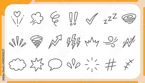 Large Collection of Hand Drawn Black Minimalist Doodles Featuring Hearts, Sleep Symbols, Lightning, Wind and Decorative Comic Style Graphic Elements Vector Illustration Set