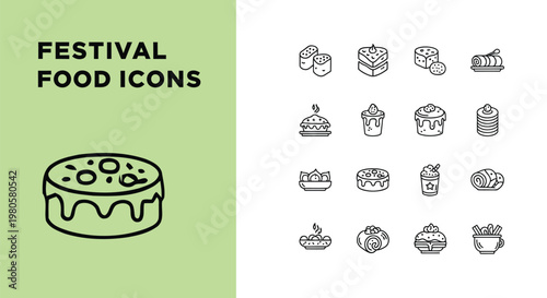 Set of line art vector icons depicting delicious festival food items for a culinary design project