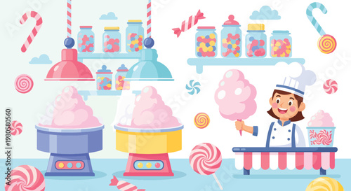 Girl Making Cotton Candy with Candy Jars and Sweets in Candy Shop