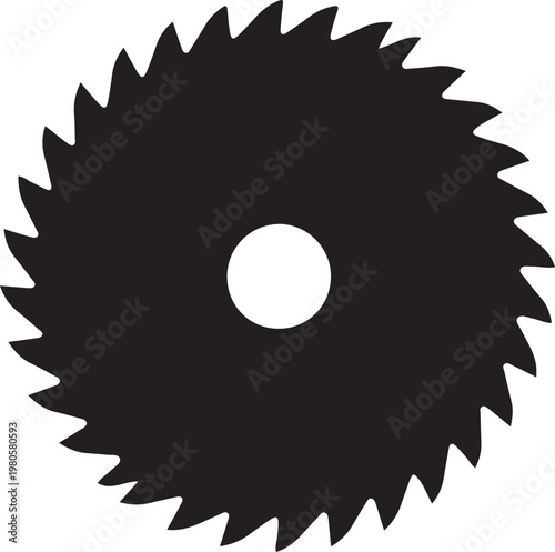 Black circular saw blade with sharp teeth white background