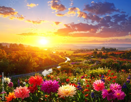Vibrant sunset over a serene landscape with a winding river