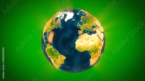 Global planet earth globe with glowing light rays on bright green background representing sustainability ecology and environmental conservation world