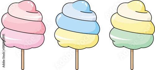 Colorful cotton candy on sticks with pastel swirls and shiny surface